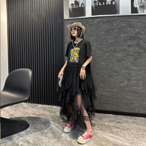 ชุดเดรสยาวปานกลางลายการ์ตูนสีดำ กระโปรงผ้าตาข่าย ชุดทำงานสไตล์เกาหลี แขนยาว คอวี ทรงหลวม สไตล์ลำลอง