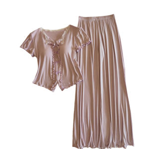 miiow | Cat Woman Ice Silk Sleepwear Short Sleeve Thin Home Clothes Set For Women Summer Breathable V-neck Pure Desire Style Outfit