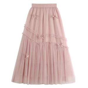 Váy Lưới Ren Dài Vừa Phải Cạp Cao Váy Midi Cổ Điển Đa Năng Váy Mùa Xuân Hè Thu Dài Vừa Phải Váy Xếp Ly Mềm Mại Phong Cách Ngọt Ngào