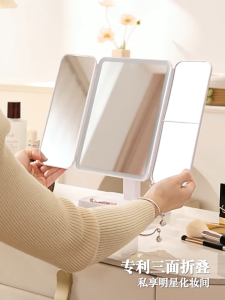 Led Table Vanity Mirror With Light Desk Magnifying Makeup Mirror Portable Rotating Foldable Mirror