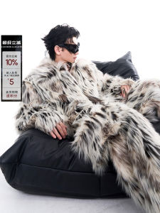 เสื้อโค้ทขนสัตว์ปลอมลายเสือดาวทรงยาวสำหรับผู้ชาย ฤดูใบไม้ร่วง/ฤดูหนาว เสื้อโค้ทขนยาวปานกลาง ทรงหลวม สไตล์สตรีท