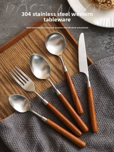 SHELI | Wooden Handle Steak Knife Fork Spoon Set 3 Pieces
