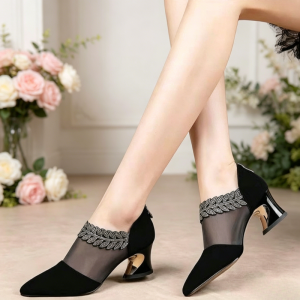 Giày Cao Gót Mũi Nhọn Lưới Mùa Xuân Hè Dành Cho Nữ Đính Đá Ren Thoáng Khí Giày Công Sở Cho Chân Bè Giày Cao Gót Vuông