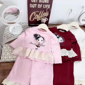 Sét thu đông lông thỏ phối ren 4 màu in hình cô gái cho bé gái 10-30kg sét thu đông thời trang bé gái