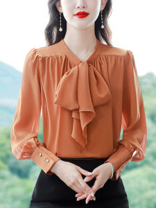 เสื้อเชิ้ตผู้หญิงแขนยาวผ้าชีฟองสไตล์ไฮเอนด์ ฤดูใบไม้ร่วง 2024 เสื้อเชิ้ตผู้หญิงคอวี ทรงตรง ผ้าโพลีเอสเตอร์ 100%