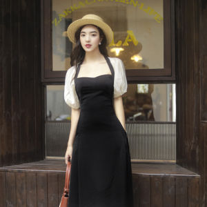Retro Hepburn Style Black Dress Tea Break French Black One Piece Summer Womens Clothing High Waist A-Line Skirt Short Sleeve