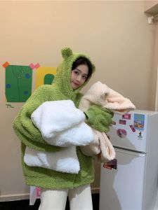 เสื้อสเวตเตอร์มีฮู้ดแบบหลวมๆ น่ารักสำหรับผู้หญิงในฤดูใบไม้ร่วงและฤดูหนาว ผ้าขนแกะ ฮู้ด ปกโปโล ซิป เสื้อคลุมกันหนาว