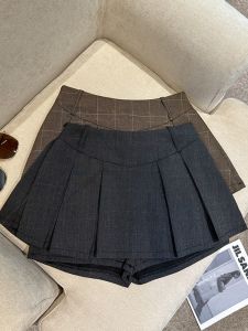 GUZILIAN | Vintage Plaid Mini Skirt Womens High Waist A-Line Pleated Short Skirt Slimming Half Body Skirt Small Stature Skirt