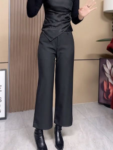 Slim Fit Flared Pants Womens Casual Black Versatile High Waist Nine Points Suit Pants Korean Style Commute Cotton Blend