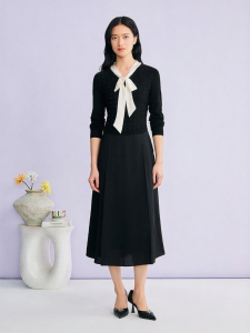 Bow Tie Merino Wool Blend Knit Patchwork Dress