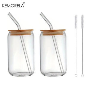 1/2/4PCS Can Shaped 17oz Glass Cups with Bamboo Lid And Straws Iced Coffee Beer Drinking Glasses Ideal for Bubble Tea Juice