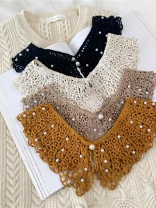 Lace Hollow out Doll Collar Pearl Decorated Womens Shirt Korean Style Ruffle Shawl Skirt Outerwear Fake Collar Accessory