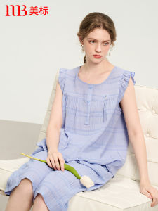US Standard Cotton Nightgown Spring Summer Womens Pure Cotton Woven Crepe Sleeveless Seven-Quarter Home Clothes Can Be Worn outside