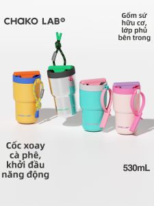 CHAKOLAB | Tách Cà Phê Cách Nhiệt Có Ống Hút Lõp Bên Trong Gốm 530mL Cốc Xoay Cà Phê Khởi Đầu Năng Động