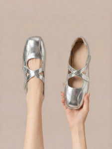 Josiny | Shallow Open Mary Jane Ballet Flats Silver