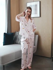 Luxurious Style Short Sleeve and Long Pants Silk Pajama Set