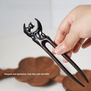 New Chinese Style U-Shaped Hairpin Small Cat Big Fish Dragon High-End Double-Sided Carved Tussock Pine Hairpin for Women