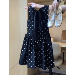 unifittoo | Dotted Black Bow Sleeveless Fitted A-line Short Dress