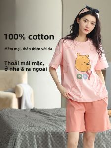 MiiOW | Bộ đồ ngủ cotton nguyên chất cho nữ mùa hè 2025 Áo thun cổ tròn tay ngắn quần short hoạt hình dễ thương mặc ở nhà và ngoài trời