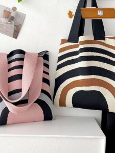 Knitted Canvas Tote Bag Single Shoulder Handbag Simple Striped Large Capacity Shopping Bag for Students And Women Commuter Style