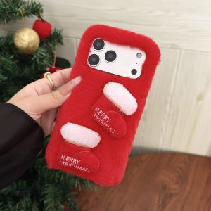 เคสโทรศัพท์ขนปุยนุ่มลายคริสต์มาสสำหรับ iPhone Air 11 12 13 14 15 16 17 Pro Max ลายหมีน่ารัก 3 มิติ ต้นคริสต์มาส ถุงเท้า ของขวัญ