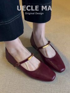 MASHUJIA | Soft Genuine Leather Womens Flat Shoes Retro Low Heel Burgundy Mary Jane