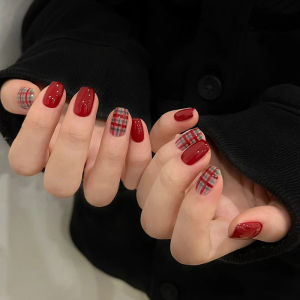 Red And Blue Striped Christmas New Year Atmosphere Short White Enhancing False Nails Wearable Nail Art Stickers Festive Manicure