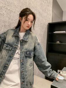 สไตล์อเมริกัน หลวม ผู้หญิง เดนิม เสื้อแจ็คเก็ต ฤดูใบไม้ผลิ ฤดูใบไม้ร่วง ล้างตามฤดูกาล โอเวอร์ไซส์ ลำลอง ด้านบน อินเทรนด์ สตรีทแวร์