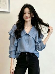 Blue V-Neck Slim Design Large Size Womens Shirt