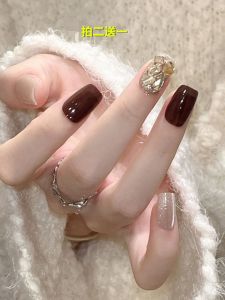 Short Wearing False Nails Red Wine Color Diamond Embedded High-End False Nails Stick on Nail Tips for Any Skin Type