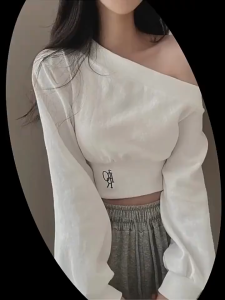 Korean Off Shoulder Sweatshirt For Women Asym Diagonal Cut Long Sleeve