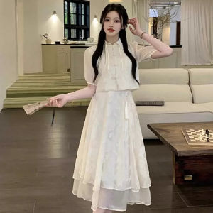 Elegant French Style Slimming White Moonlight Fairy Dress High Waist New Chinese Cheongsam Set Summer Temperament National Style Two-Piece Set