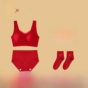 miiow | Red Bridal Underwear Set Womens Gathered Seamless Beautiful Back Lucky Year Wedding Gift Box Nylon Material Fixed Strap Design