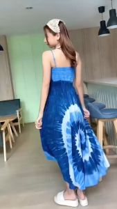 เดรสสายเดี่ยว เดรสสม็อคปรับสายได้ ผ้าสปัน มัดย้อมคราม คาเฟ่ ทะเล ชิวๆ