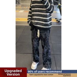 Black Tie-Dye Fleece Straight Tapered Leisure Pants Men Autumn Winter High End