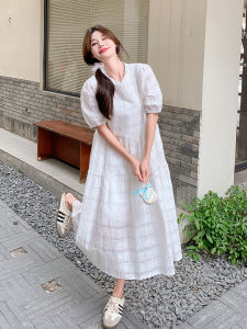 Textured Long Bubble Sleeve Dress Womens Loose Fit Knee-Length Casual Style Summer New Korean Fashion White Color A-Line Dress