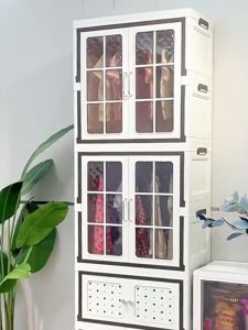 65cm Storage Cabinet Foldable Stackable With Wheels Double Transparent Open Doors Almari Baju Plastik 收納櫃