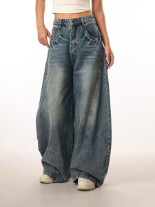 Washed Retro American Wave Pattern Wide Leg Jeans Loose Womens Straight Cut Knife Pants Street Style Denim Blue Natural Waist