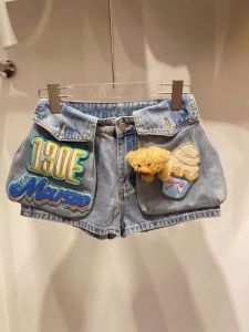 Summer New Loose Bear Sticker Design Denim Shorts Womens High Waist Wide Leg Pants Casual Slimming Trendy Hot Pants
