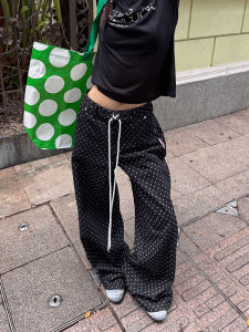 กางเกงยีนส์ทรงตรงทรงหลวมสไตล์อเมริกันย้อนยุคสำหรับผู้ชายและผู้หญิง กางเกงขายาวทรงตรงทรงหลวมสไตล์ลำลอง