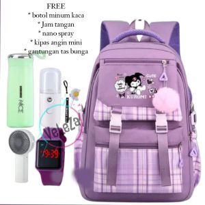 Tas Ransel Sekolah Anak Perempuan Remaja KUROOMI SD SMP Free botol minum kaca jam tangan nano spray kipas angin mini dan gantungan tas bunga Tas ransel