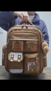 Waterproof Capybara Backpack Large Capacity with Card Badge Doll Backpack Cartoon Widen Straps School Bag for Students