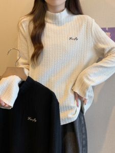 plus Size Long Sleeve Embroidered Letter T-Shirt High Collar Base Shirt Autumn Winter Hide Belly Slimming Top for Women