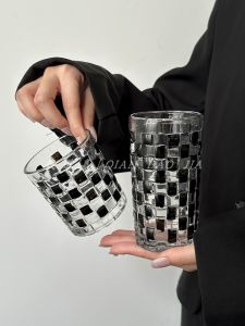 แก้วน้ำแก้วแก้วเหล็กสีดำ แก้วเบียร์ แก้วน้ำสำหรับผู้หญิง แก้วน้ำทรงสูง ความรู้สึกหรูหรา แก้วน้ำทรงกลม แก้วน้ำแบบถัก