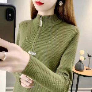 Plus Size Womens Clothing Autumn and Winter Half-High Collar Zipper Sweater Womens Long-Sleeved Silm Woolen Sweater Stretchy Underwear Knitting Bottoming Shirt