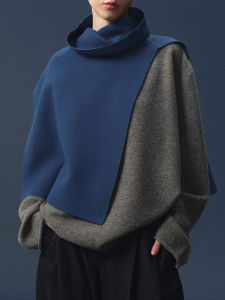 French Elegant Design Blue Knitted Vest Womens Autumn Winter Outerwear High Collar Open Split Layering Top Soft Cotton