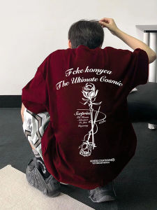 เสื้อทีเชิ้ตแบรนด์ฮิตแนวสตรีทสไตล์ยุโรปอเมริกาสีไวน์แดงสำหรับผู้ชายแขนสั้นงานฝีมือดี g แนววินเทจไฮสตรีทสไตล์อเมริกันแขนเจ็ดส่วนครึ่งสำหรับฤดูร้อน