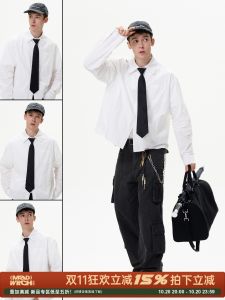 MADWITCH ฤดูใบไม้ร่วง American Retro Pure ผ้าฝ้าย สีขาว เสื้อเชิ้ตผู้ชาย หลวม ลำลอง Cleanfit สั้น เสื้อท่อนบน อินเทรนด์ แขนยาว ปกเสื้อ เสื้อเชิ้ต