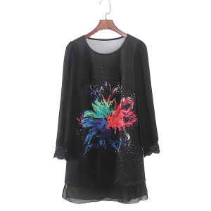 ชุดเดรสยาวพิมพ์ลายแฟชั่นฤดูใบไม้ร่วง ชุดสองชิ้น เอวสูง แขนยาว คอตั้ง สไตล์ทำงาน ชุดเดรสยาวคลุมเข่า