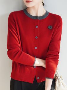 เสื้อคาร์ดิแกนผ้าขนสัตว์ผสมผู้หญิง ทรงหลวม แขนยาว ปกโปโล คอตั้ง ทรงปกติ เส้นใยโพลีเอสเตอร์ สไตล์เรียบง่าย